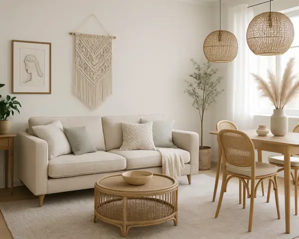 Salón con sofá beige, mesa de centro de ratán y mesa de comedor con sillas de mimbre. Decoración estilo boho con macramé y plantas.