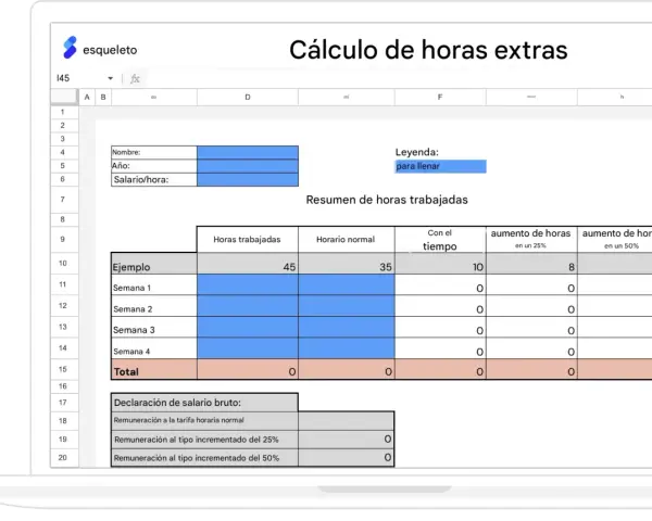 Hoja de cálculo para calcular el pago de horas extras, mostrando horas trabajadas, horario normal y aumentos.
