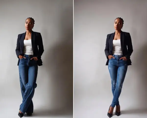 Mujer con blazer y jeans. La pose de la izquierda, con pantalones anchos cruzados, ayuda a disimular caderas y muslos. La de la derecha, con pitillos, no.