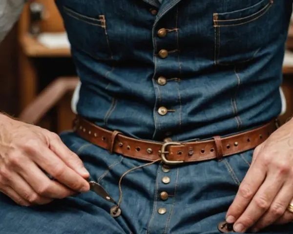 Mężczyzna w białej koszuli i kamizelce z denimu, z brązowym paskiem, szyje przy użyciu igły i nici. Materiał kamizelki to wytrzymały twill.