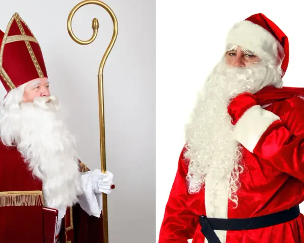 Links: Bischof Nikolaus mit Mitra und Stab. Rechts: Weihnachtsmann mit Bart und Sack. So sieht der Nikolaus aus, aber auch der Weihnachtsmann!