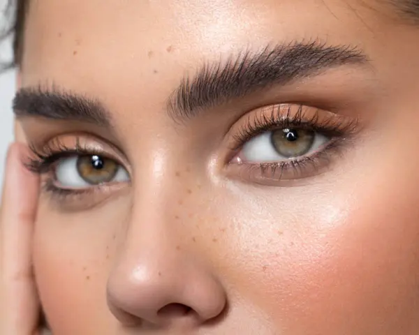 Ojos con pestañas largas y cejas oscuras, resultado de un perfecto teñir cejas. Piel con pecas y rubor rosado.