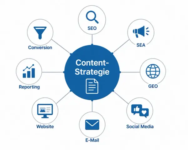 Diagramm zeigt die Elemente einer Content-Strategie: SEO, SEA, GEO, Social Media, E-Mail, Website, Reporting und Conversion. Content Optimierung ist der Schlüssel.
