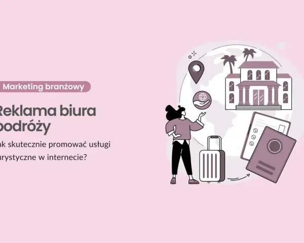 Ilustracja przedstawia kobietę z walizką, paszportem i ikonami podróży na tle globu.