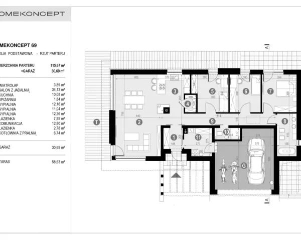 Rzut parteru projektu HOMEKONCEPT 69 z salonem, kuchnią, sypialniami, łazienkami, kotłownią, garażem i tarasem.