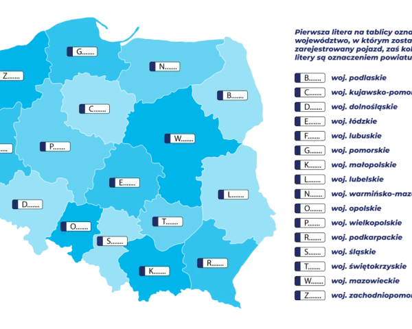 Mapa Polski z zaznaczonymi województwami i literami, które oznaczają ich **eop rejestracja**. Objaśnienie liter znajduje się po prawej stronie.