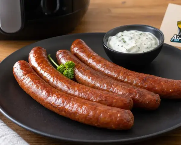 Vier gebratene Merguez-Würste auf einem Teller, serviert mit Dip. Ein Airfryer-Guide-Logo ist im Hintergrund zu sehen. Perfekt für ein schnelles Merguez Rezept.