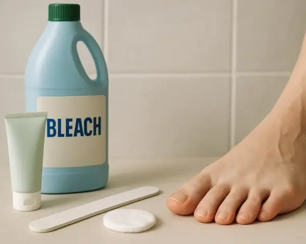 Pied sain, tube de crème, lime et flacon de javel. Un traitement efficace contre la mycose de l'ongle du pied.