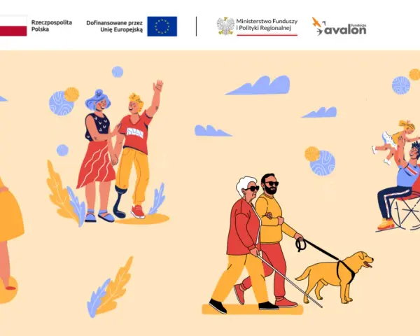 Ilustracja pokazuje różnorodne osoby, w tym kobietę w ciąży, parę z protezą nogi, niewidomego z psem przewodnikiem i rodzinę z osobą na wózku. To wizualizacja idei zawartych w ustawie o dostępności.