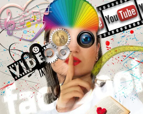 Mujer con elementos de redes sociales y diseño, simbolizando estrategias de comunicación.
