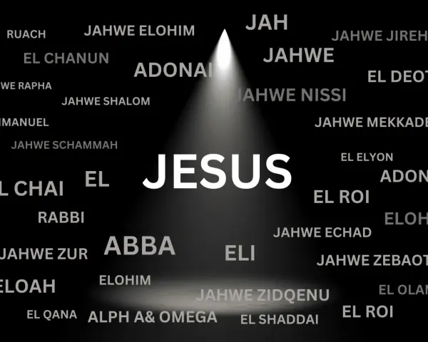 JESUS im Licht, umgeben von Namen Gottes wie El Shaddai, Adonai, Elohim. Ein starkes Symbol, um an Gott zu glauben.