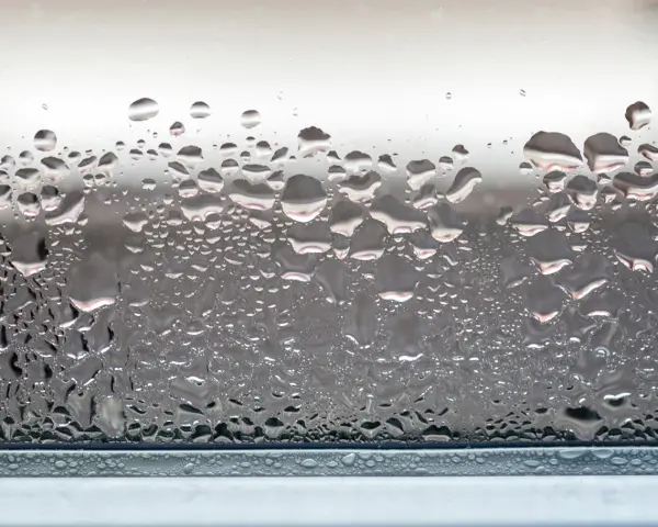Zaparowane okna po nocy, pokryte licznymi kroplami wody, tworzą na szybie ciekawy, mokry wzór.