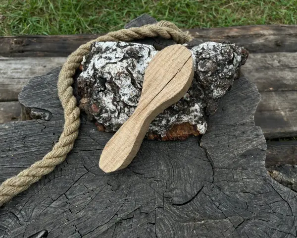 Cucchiaio grezzo in legno d'acero, appoggiato su un tronco scuro con una corda rustica.