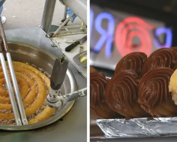 Churros z czekoladą kontra pączki z lukrem. Smażone churros w oleju i gotowe, udekorowane słodkości.