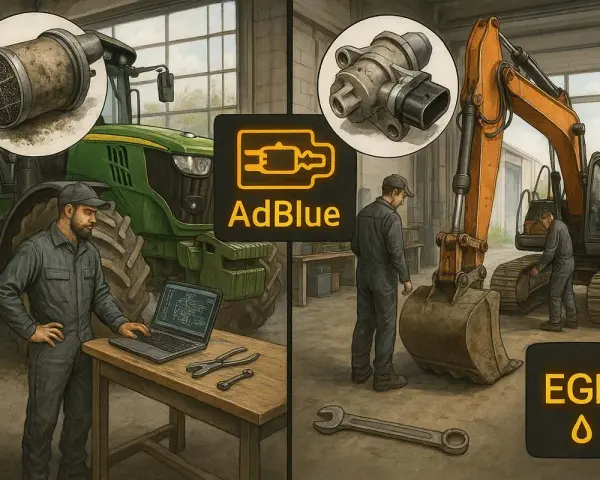 Mechanicy pracują przy traktorze i koparce. Na ekranie laptopa schemat, obok narzędzia. Widoczne symbole AdBlue i EGR.