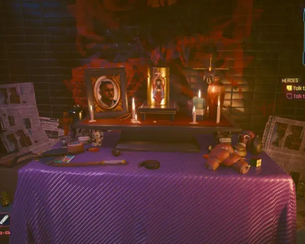 Ofrenda de paz cyberpunk con retrato, velas, calaveras y ofrendas.