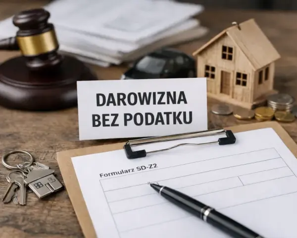 Klucze do domu, mały domek, monety i dokumenty na drewnianym stole. "Darowizna bez podatku" - tekst na kartce.