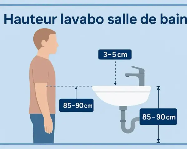 Illustration showing a person and a sink. The ideal height for a bathroom vanity is 85-90 cm, with the faucet 3-5 cm above the sink.