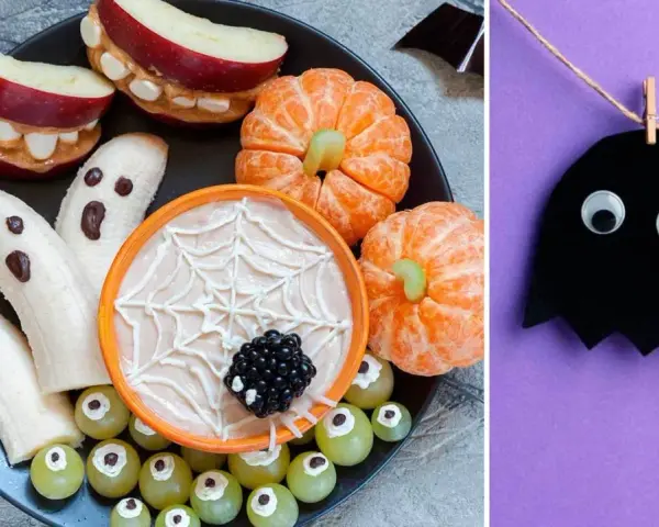 Rolig halloweenmat för barn: bananghay, äppelskräck och spindelnätsdipp.