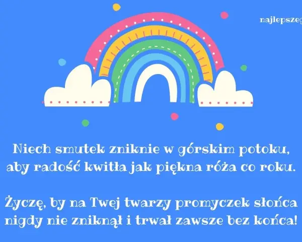 Kolorowy tęczowy łuk z chmurkami i życzeniami na Dzień Dziecka. Niech radość kwitnie!