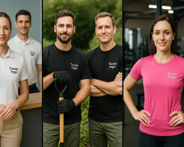 Uśmiechnięci pracownicy w koszulkach z logo firmy. Białe polo, czarne t-shirty z łopatą i różowa koszulka sportowa.