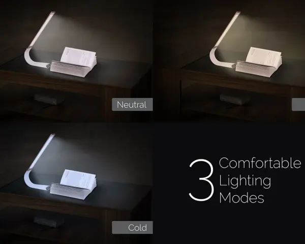 Modern usb lampa med tre ljuslägen: neutral, varm och kall. Perfekt för läsning och arbete.
