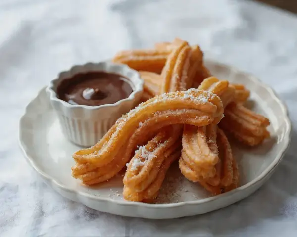Churros przepis: złociste, chrupiące paluszki posypane cukrem, podane z miseczką gorącej czekolady. Idealne na deser!
