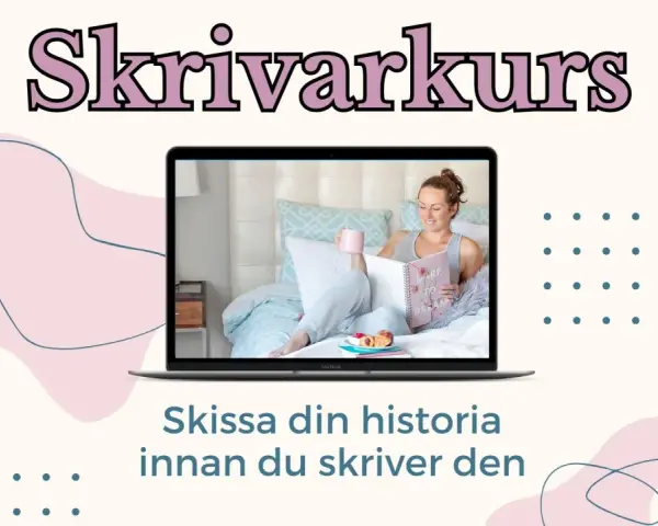 En kvinna läser en bok i sängen, inspirerad av hur man skriver en recension. "Skrivarkurs" står i text.