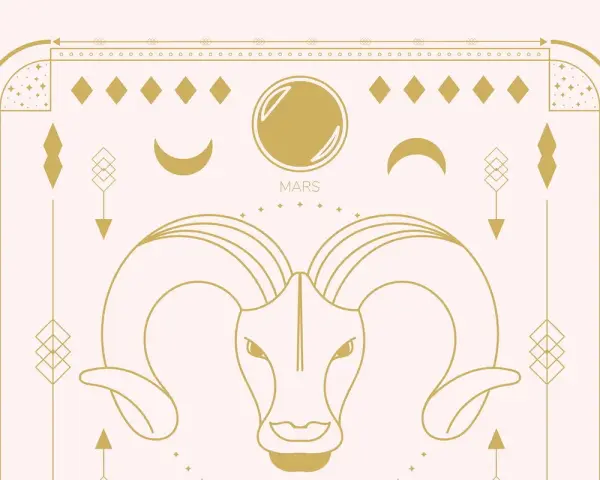 Złoty baran z rogami, symbol znaku zodiaku. Nad nim Mars i księżyce. Poznaj ciekawostki o znaku zodiaku baran!
