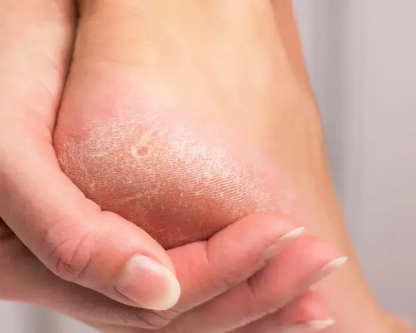 Gros plan sur un talon sec et craquelé, montrant des crevasses. Une main touche la peau pour illustrer comment soigner les crevasses.