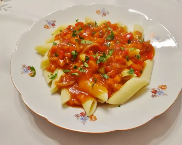 Penne z aromatycznym, słodko-kwaśnym sosem warzywnym, posypane świeżą natką pietruszki.