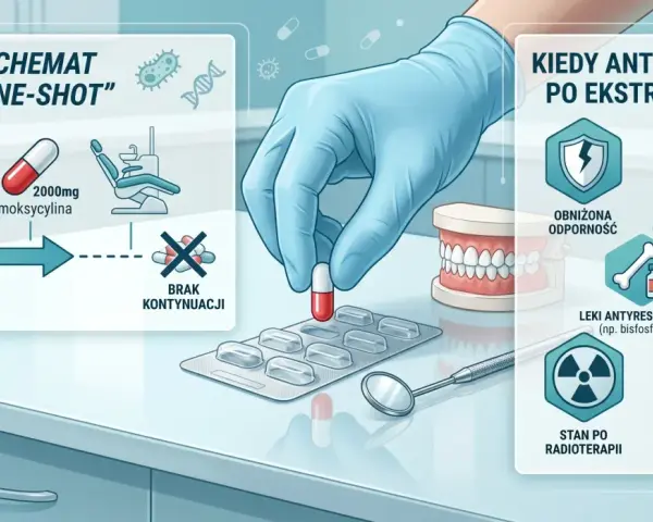 Schemat "one-shot" antybiotyk na zęba: amoksycylina 2000mg 30-60 min przed zabiegiem. Kiedy antybiotyk po ekstrakcji?