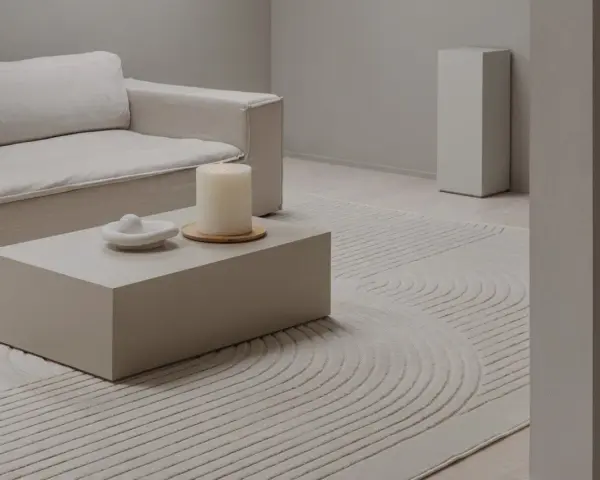 Salon w odcieniach ivory: sofa, stolik kawowy, świeca i dywan z geometrycznym wzorem tworzą spokojną aranżację.