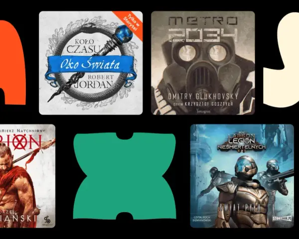 Kolekcja najlepszych audiobooków fantasy: "Oko Świata", "Metro 2034", "Virion", "Legion Niesmiertelnych" i "Czarne Skrzydło".