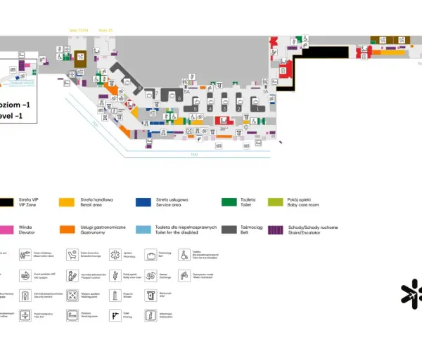 Mapa lotniska Chopina: Poziom -1 i 0 z zaznaczonymi restauracjami, toaletami, kontrolami i innymi usługami.