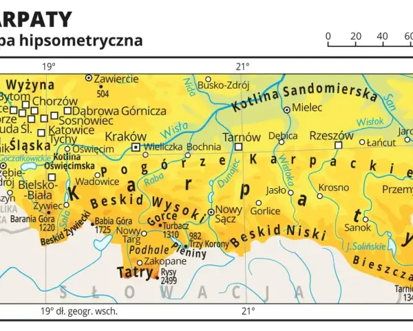Mapa Polski z zaznaczonymi Karpatami, gdzie leżą Beskidy Wysokie, Tatry i Bieszczady, z miastami jak Kraków, Rzeszów i Zakopane.