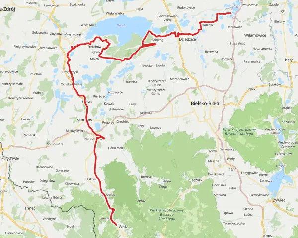 Trasa rowerowa wzdłuż Wisły na Śląsku, prowadząca przez malownicze tereny od Wisły do Bielska-Białej.