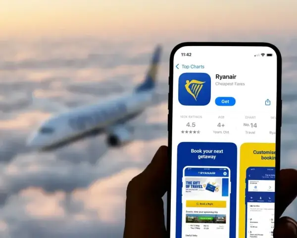 Ręka trzyma smartfon z aplikacją Ryanair, gotową do odprawy online. W tle samolot leci nad chmurami.