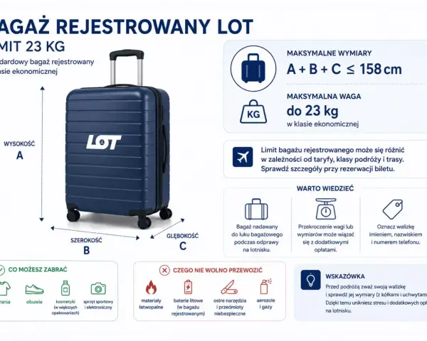 Bagaż rejestrowany LOT: wymiary A+B+C ≤ 158 cm, waga do 23 kg. Sprawdź wymiary walizki przed podróżą.