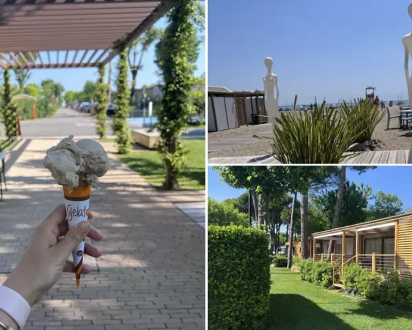Lody na patyku i plażowe rzeźby na Marina di Venezia Camping. W tle widać domki kempingowe i alejkę.