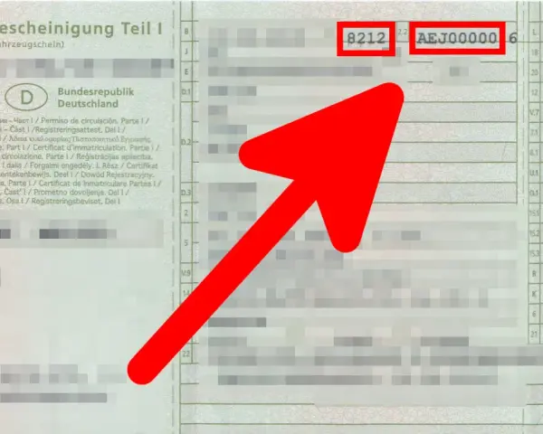 Fahrzeugschein mit markiertem Kennzeichen AEJ00000, das zu einem hsn Opel gehört.