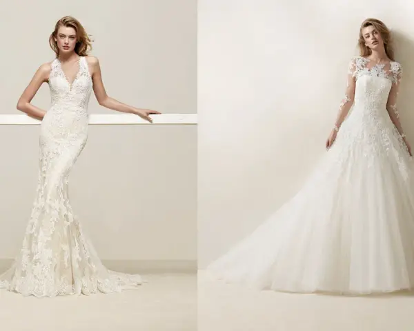 Due abiti da sposa in pizzo, uno a sirena con scollature particolari e l'altro principesco con maniche lunghe.