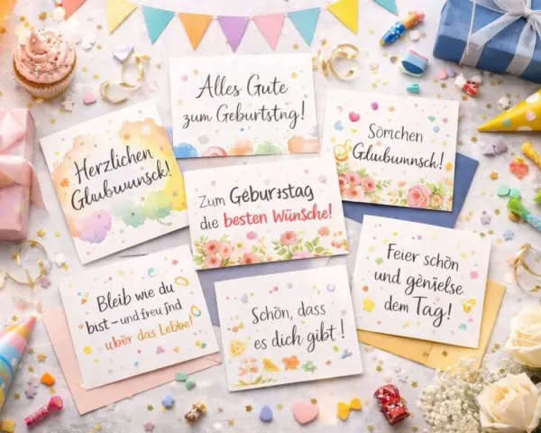 Geburtstagskarten mit bunten Motiven und Sprüchen wie "Alles Gute zum Geburtstag" und "Gottes Segen zum Geburtstag". Dekoriert mit Konfetti, Geschenken und Blumen.