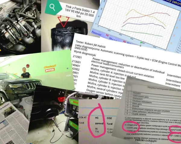 Silnik nie przełącza na gaz. Wyniki diagnostyki wskazują na problemy z wtryskiem i zarządzaniem mocą.