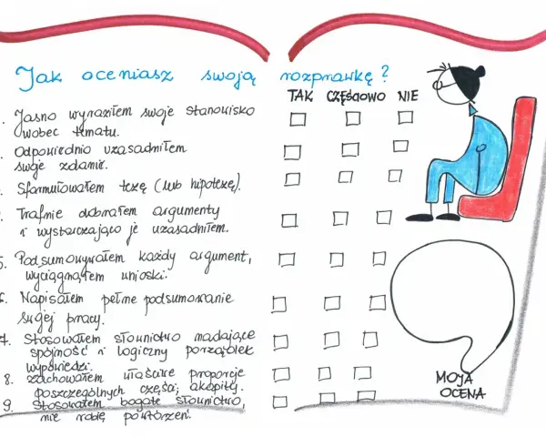 Lista pytań do samooceny rozprawki. Pomaga ocenić, czy zakończenie pracy jest udane.