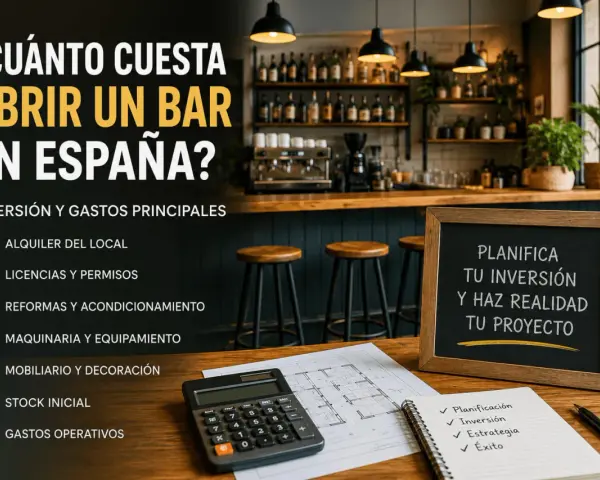 Calculadora, planos y pizarra con "Planifica tu inversión y haz realidad tu proyecto". Detalla costes de apertura de bar, incluyendo el precio de la licencia.