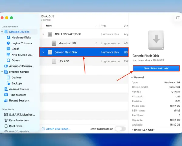 Program Disk Drill pokazuje listę urządzeń, w tym "Generic Flash Disk". Kliknij "Search for lost data", aby odzyskać dane.