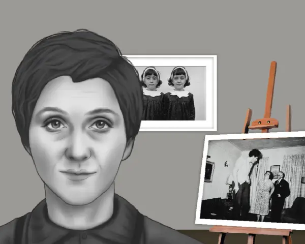 Portret Diane Arbus z jej słynnymi zdjęciami bliźniaczek i pary.