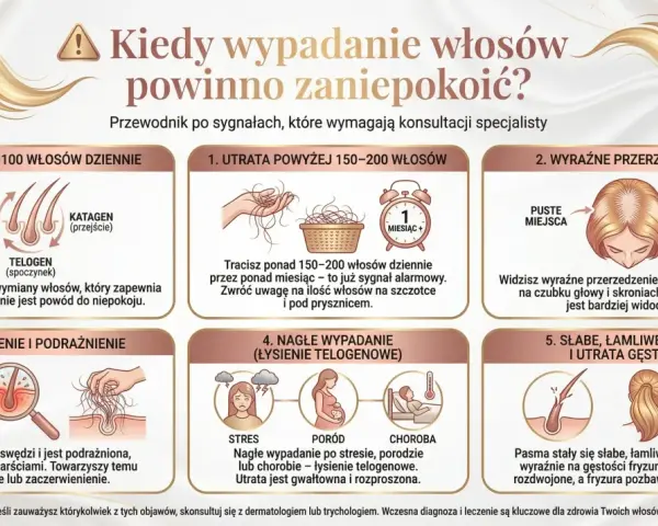 Grafika pokazuje sygnały wskazujące na wypadanie włosów. Znajdziesz tu informacje o normie, utracie włosów, przerzedzeniu, swędzeniu, nagłym wypadaniu i słabych pasmach. To przydatne wskazówki dotyczące domowych sposobów na wypadanie włosów.
