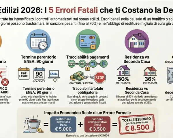 Infografica sui bonus edilizi: errori comuni, scadenze ENEA, tracciabilità pagamenti e residenza vs seconda casa. Il **significato** di "bifamiliare" non è esplicitato, ma si parla di detrazioni per prime e seconde case.
